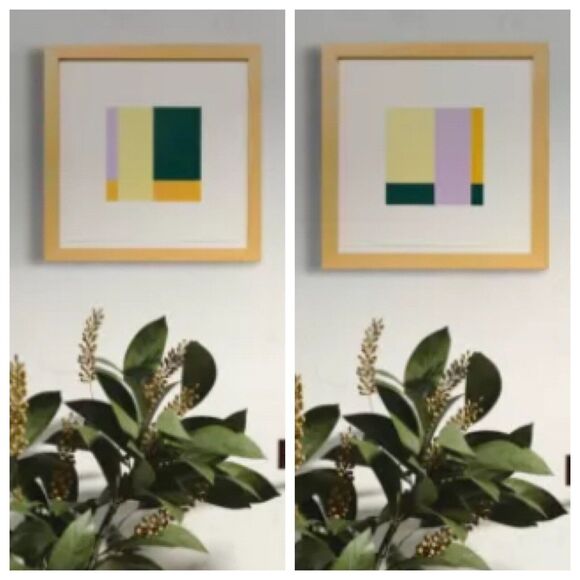 Pair Original Paintings Signed Artist Framed 11x11” Modern Abstract Green Purple - Picture 1 of 5